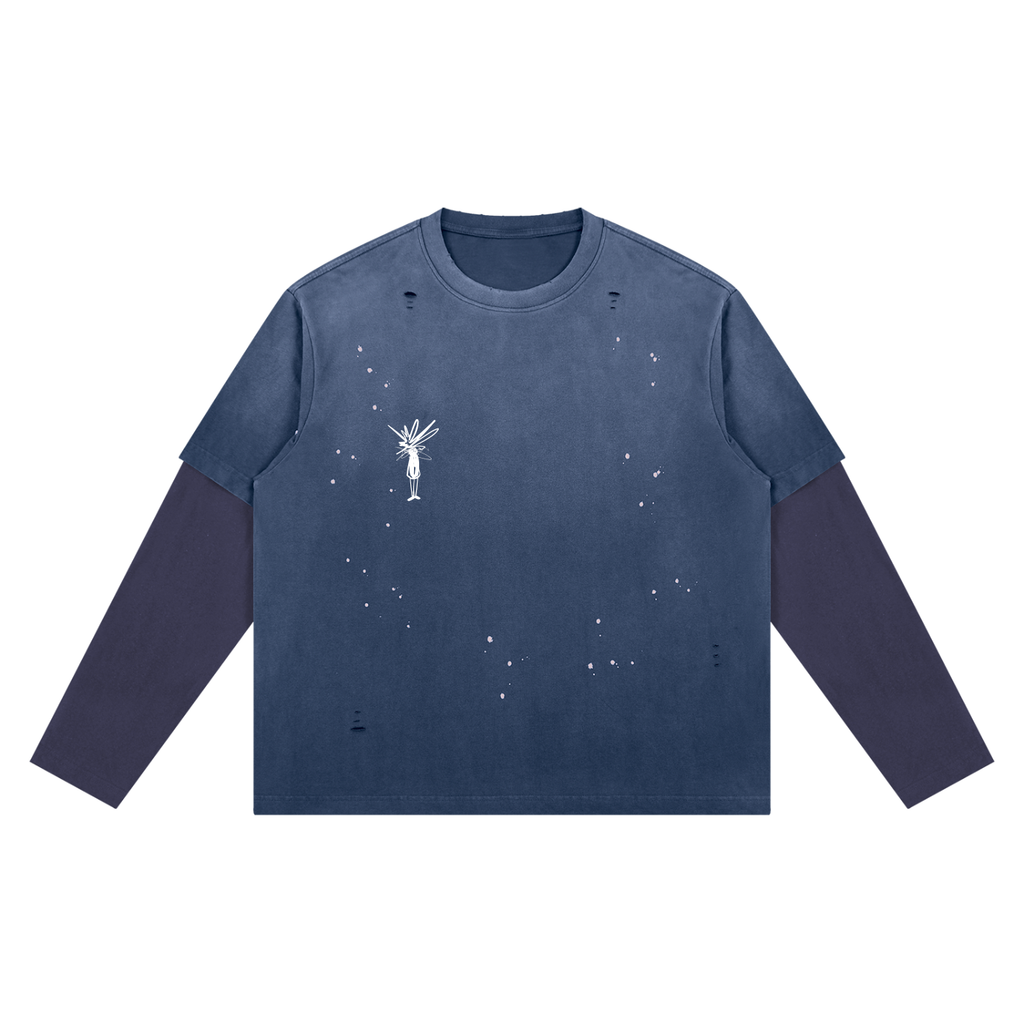 Washed Blue Distressed Layer T-Shirt